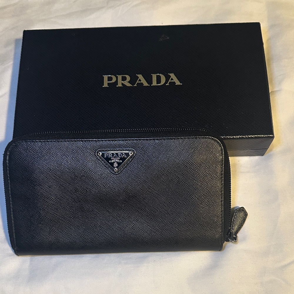 Prada Saffiano Leather Zip Around Wallet Black with Box & Authenticity Card